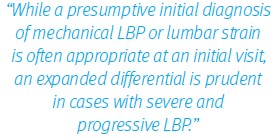 Lumbar strain appropriate for initial visit, but don't forget Renal Cell Carcinoma